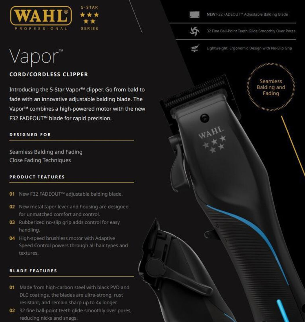 Wahl Professional 5つ星ベイパークリッパーコード付きコードレス操作 F32 0ギャップ調節可能ブレード適応速度 WAHL 5 Star Vapor ウォール